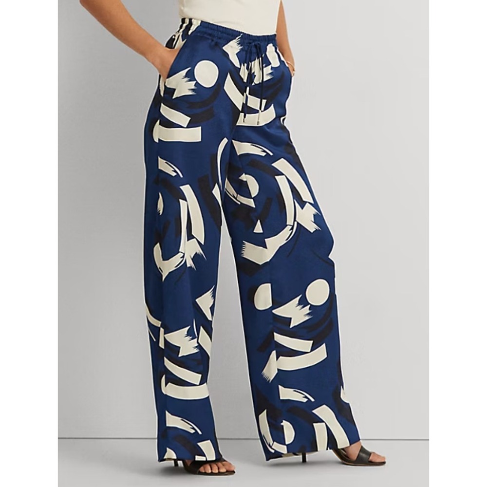 Lauren Ralph Lauren Geometric-Print Charmeuse Wide-Leg Trouser Small‎ Petite